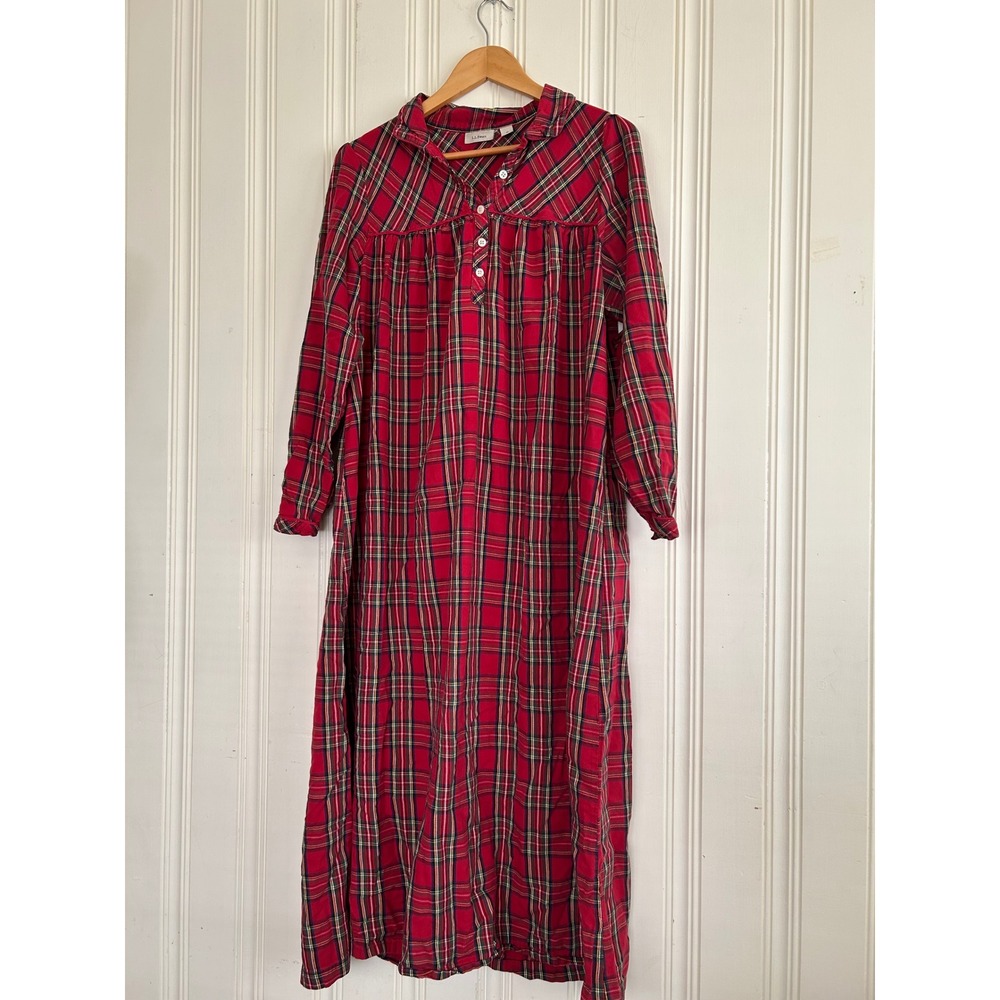 LL Bean Womens Red Plaid Cotton Flannel Nightgown Long Sleeve Size M  Cottage